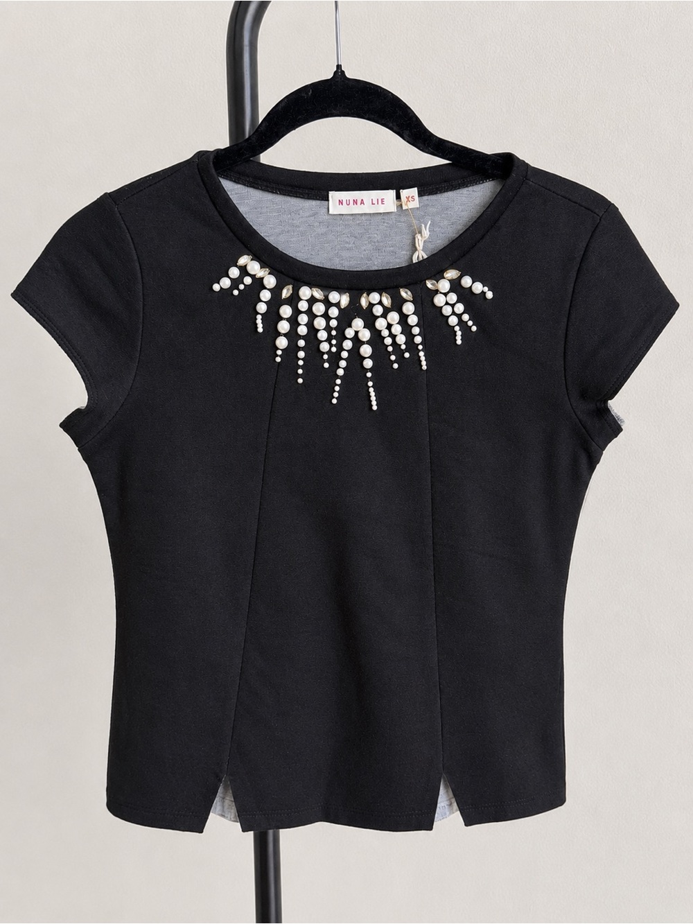 Nuna Lie Black Scuba Knit Short Sleeve Top with Pearl & Crystal Embellishment XS